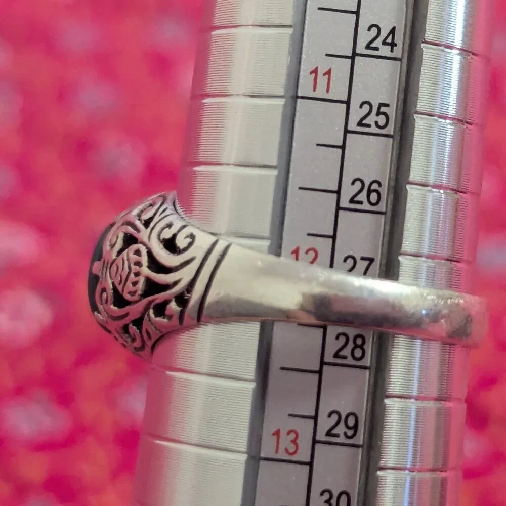 Malachite Sterling Silver Ring Filigree 925‎ Openwork Victorian Edwardian Estate